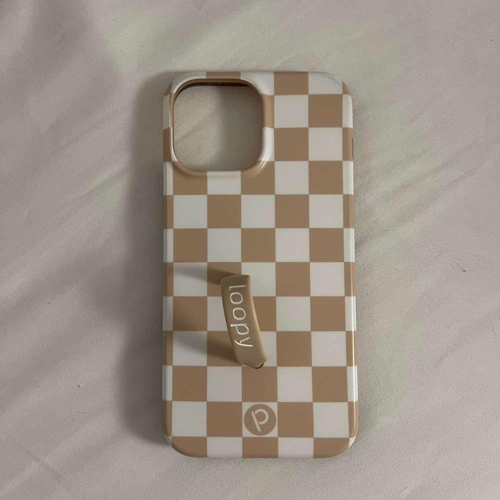 iPhone 13 Pro Max Loopy Case Beige and White Checkered Phone Case